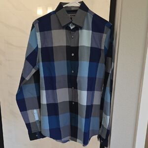 Express Men's Blue and Gray Plaid S Fitted Shirt NWOT